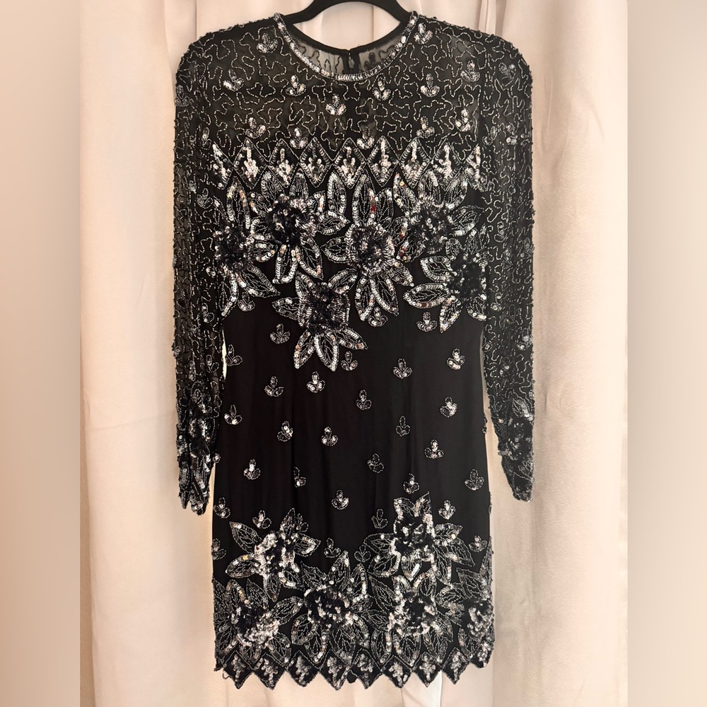 Vintage LIME NITE Elegant Silk Black and Silver Embellished Dress